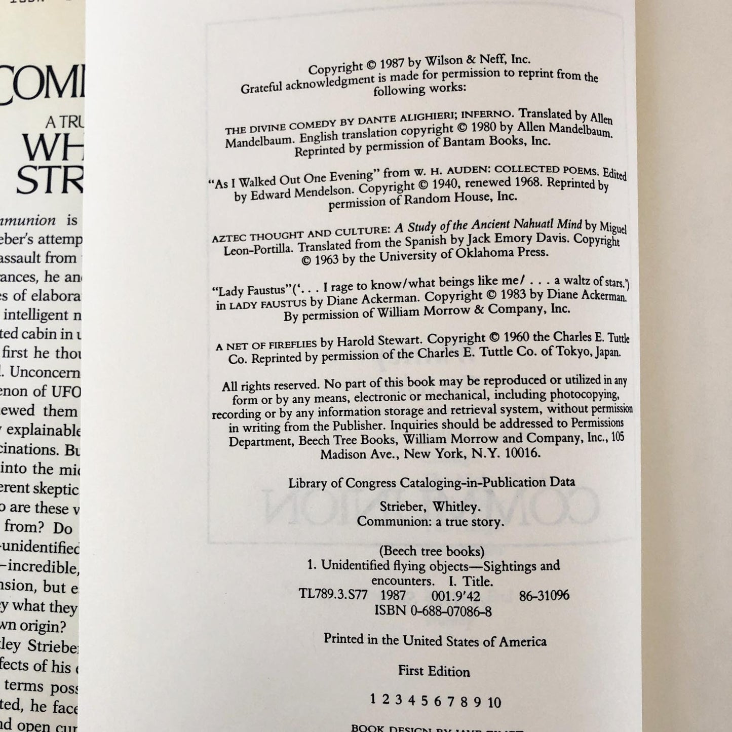 Communion: A True Story by Whitley Strieber [FIRST EDITION / FIRST PRINTING]