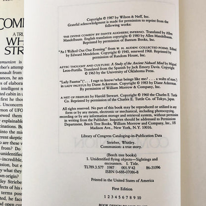 Communion: A True Story by Whitley Strieber [FIRST EDITION / FIRST PRINTING]
