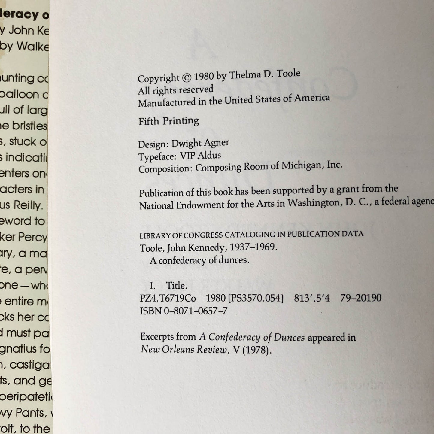 A Confederacy of Dunces by John Kennedy Toole [FIRST EDITION / 1980]