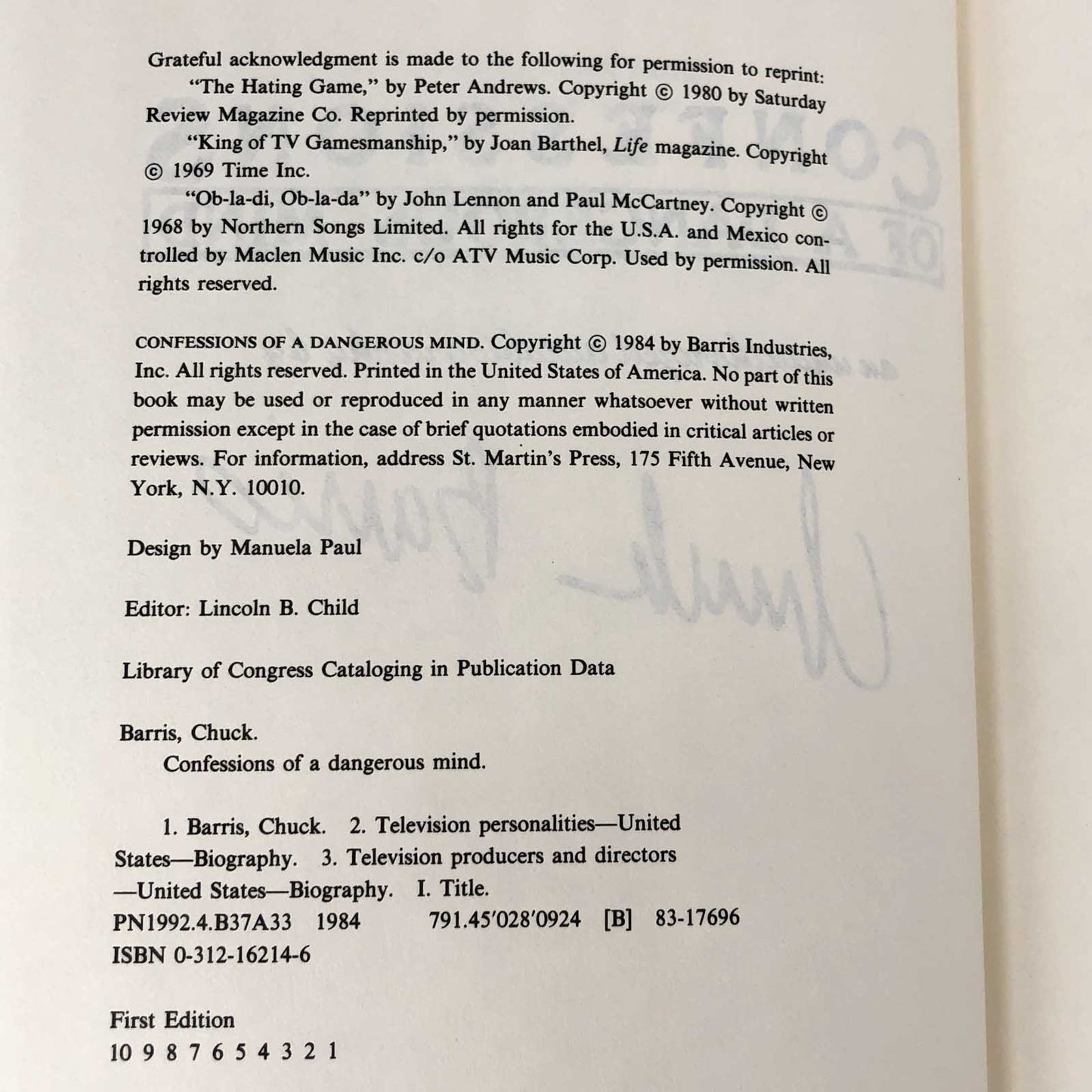 Confessions Of A Dangerous Mind by Chuck Barris [FIRST EDITION / FIRST PRINTING] 1984