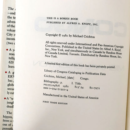 Congo by Michael Crichton [FIRST EDITION / FIRST PRINTING] 1980