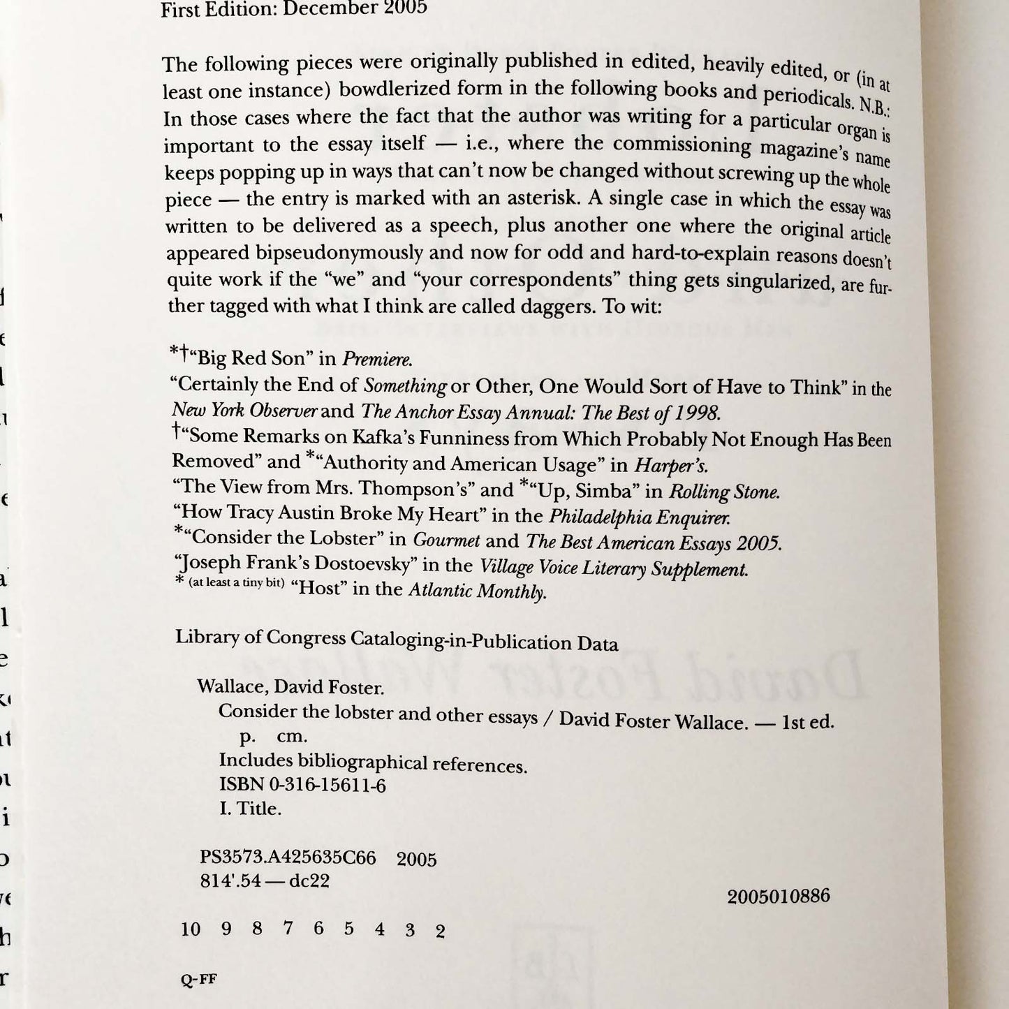 Consider the Lobster & Other Essays by David Foster Wallace [FIRST EDITION] 2005