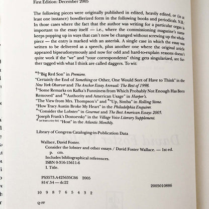 Consider the Lobster & Other Essays by David Foster Wallace [FIRST EDITION] 2005
