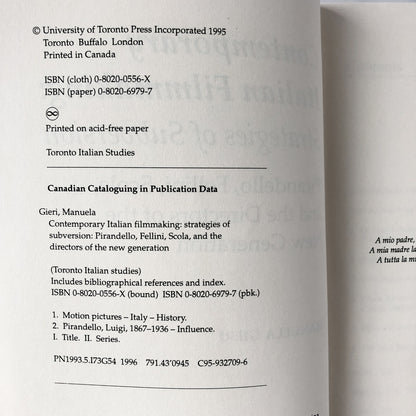 Contemporary Italian Filmmaking: Pirandello, Fellini, Scola & the Directors of the New Generation by Manuela Gieri [1995 PAPERBACK] - Bookshop Apocalypse