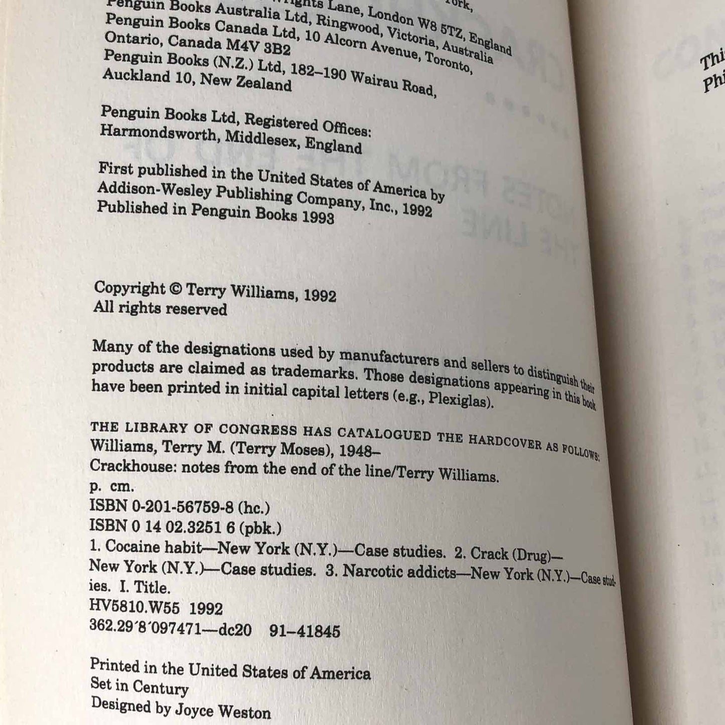 Crackhouse: Notes From The End Of The Line by Terry Williams [1993 TRADE PAPERBACK]