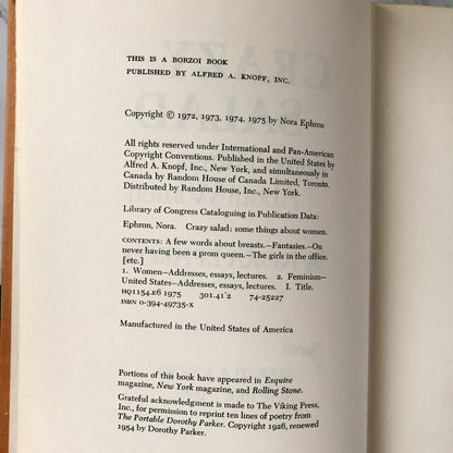 Crazy Salad: Some Things About Women by Nora Ephron [FIRST EDITION] - Bookshop Apocalypse