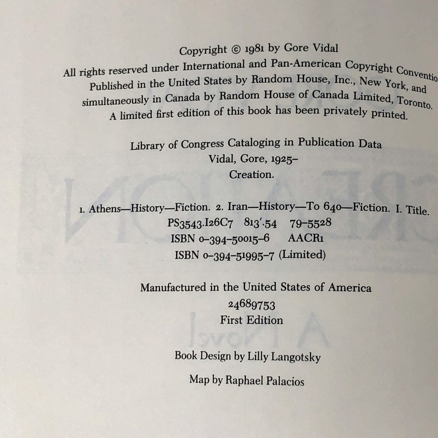 Creation by Gore Vidal [FIRST EDITION] 1981 • Random House *See Condition