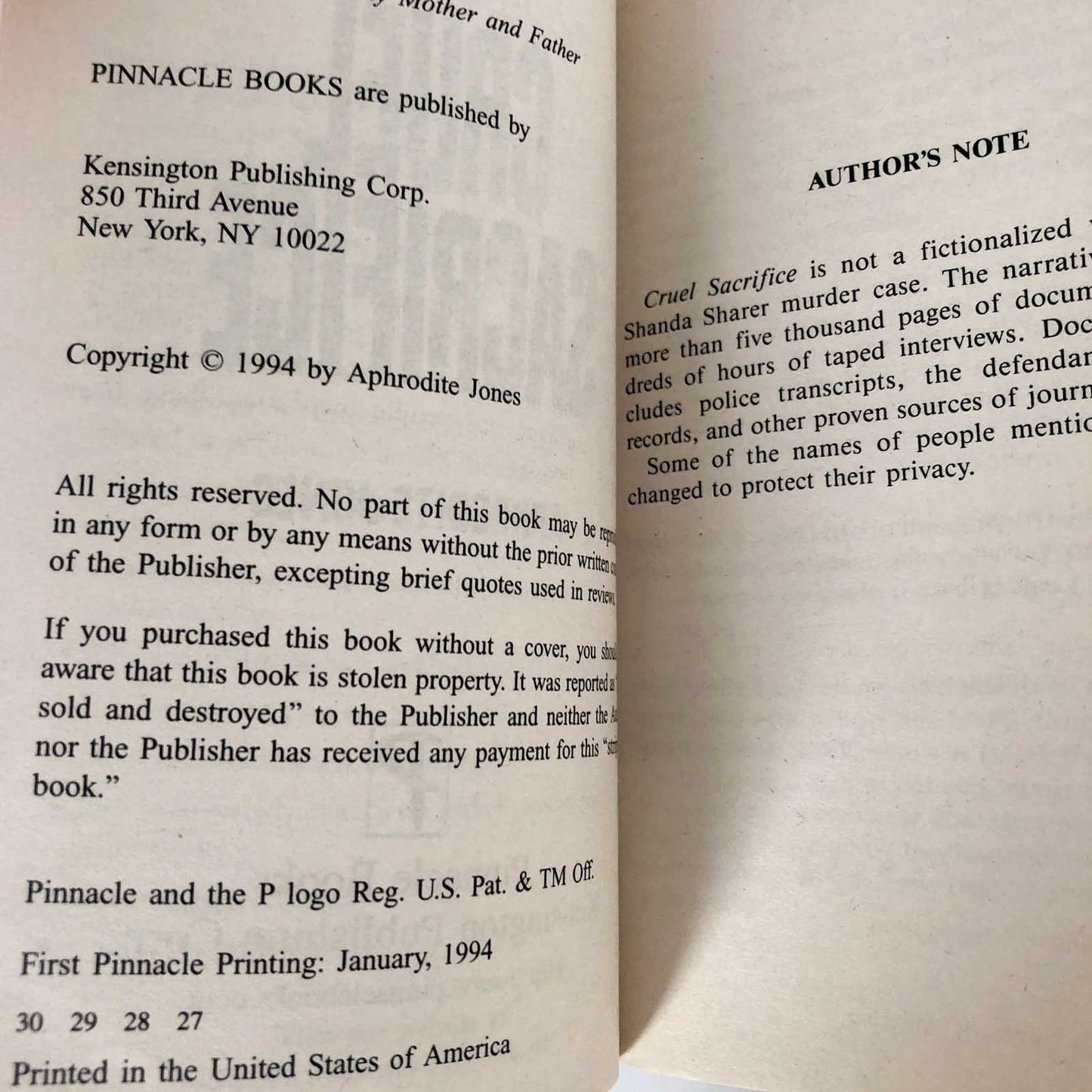 Cruel Sacrifice by Aphrodite Jones [1994 PAPERBACK]