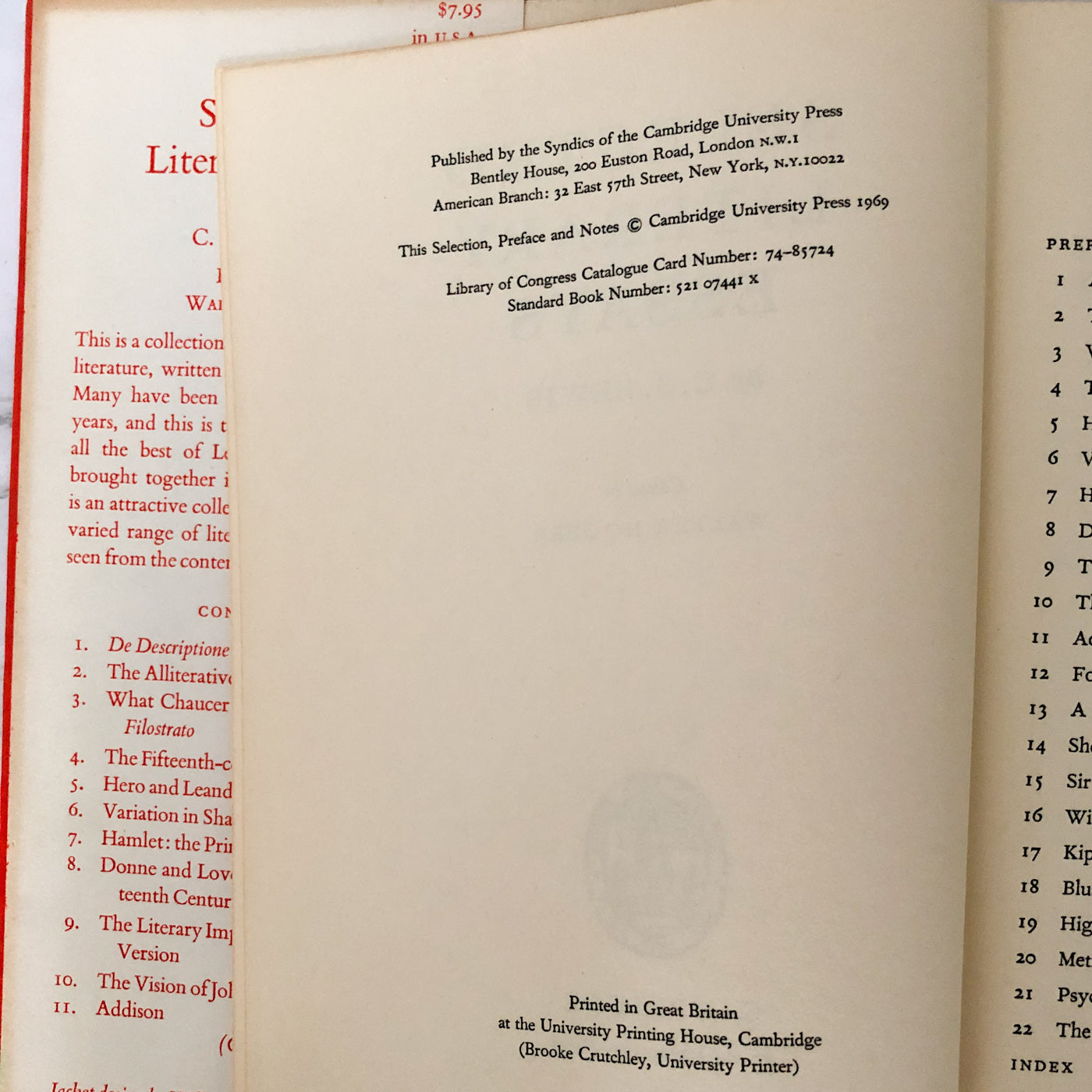 Selected Literary Essays by C.S. Lewis [FIRST EDITION / 1969]