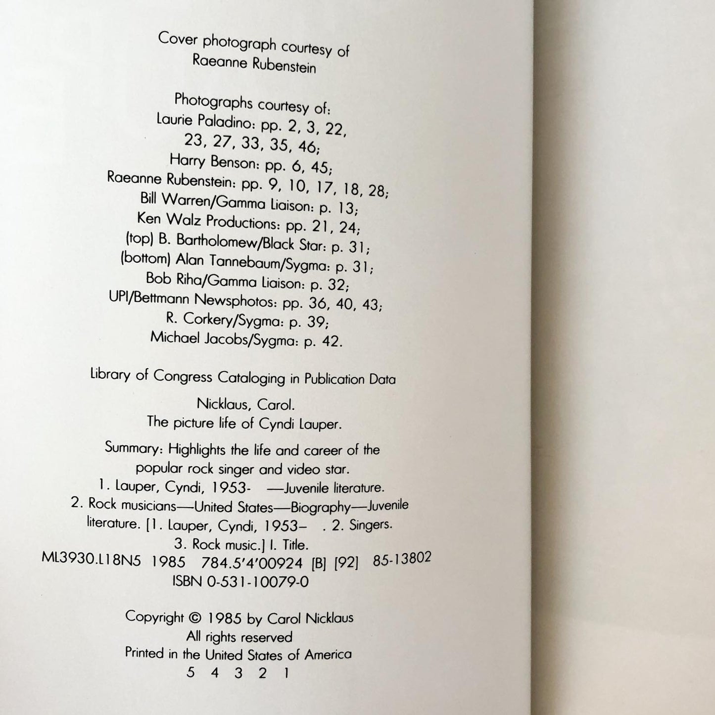 The Picture Life Of Cyndi Lauper by Carol Nicklaus [FIRST EDITION / 1985]