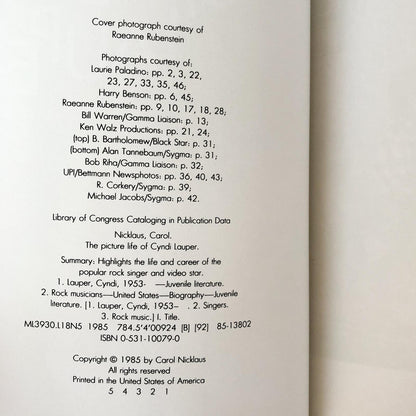 The Picture Life Of Cyndi Lauper by Carol Nicklaus [FIRST EDITION / 1985]