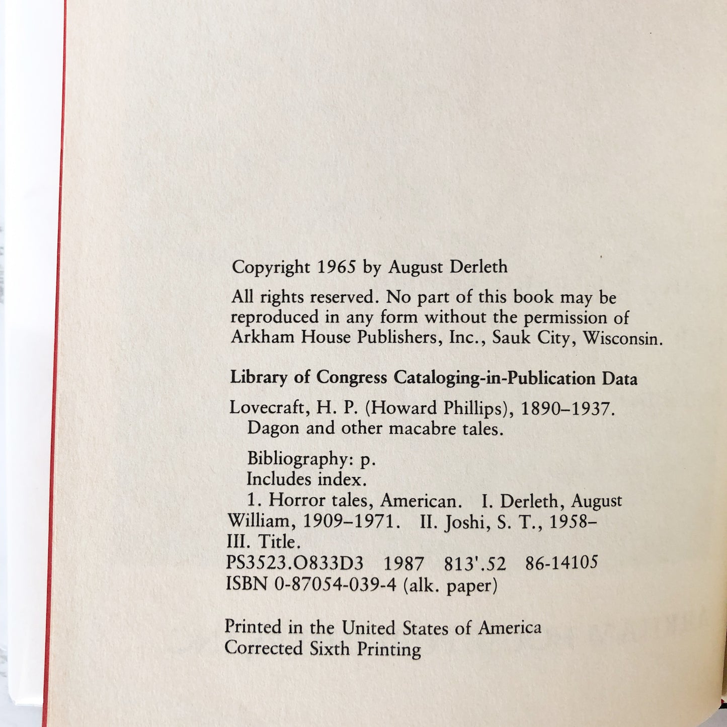 Dagon and Other Macabre Tales by H.P. Lovecraft [1987 HARDCOVER] 6th Arkham House Printing