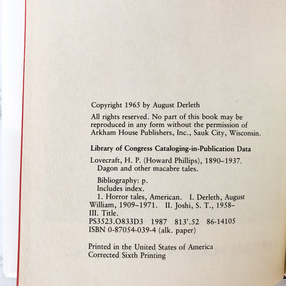 Dagon and Other Macabre Tales by H.P. Lovecraft [1987 HARDCOVER] 6th Arkham House Printing