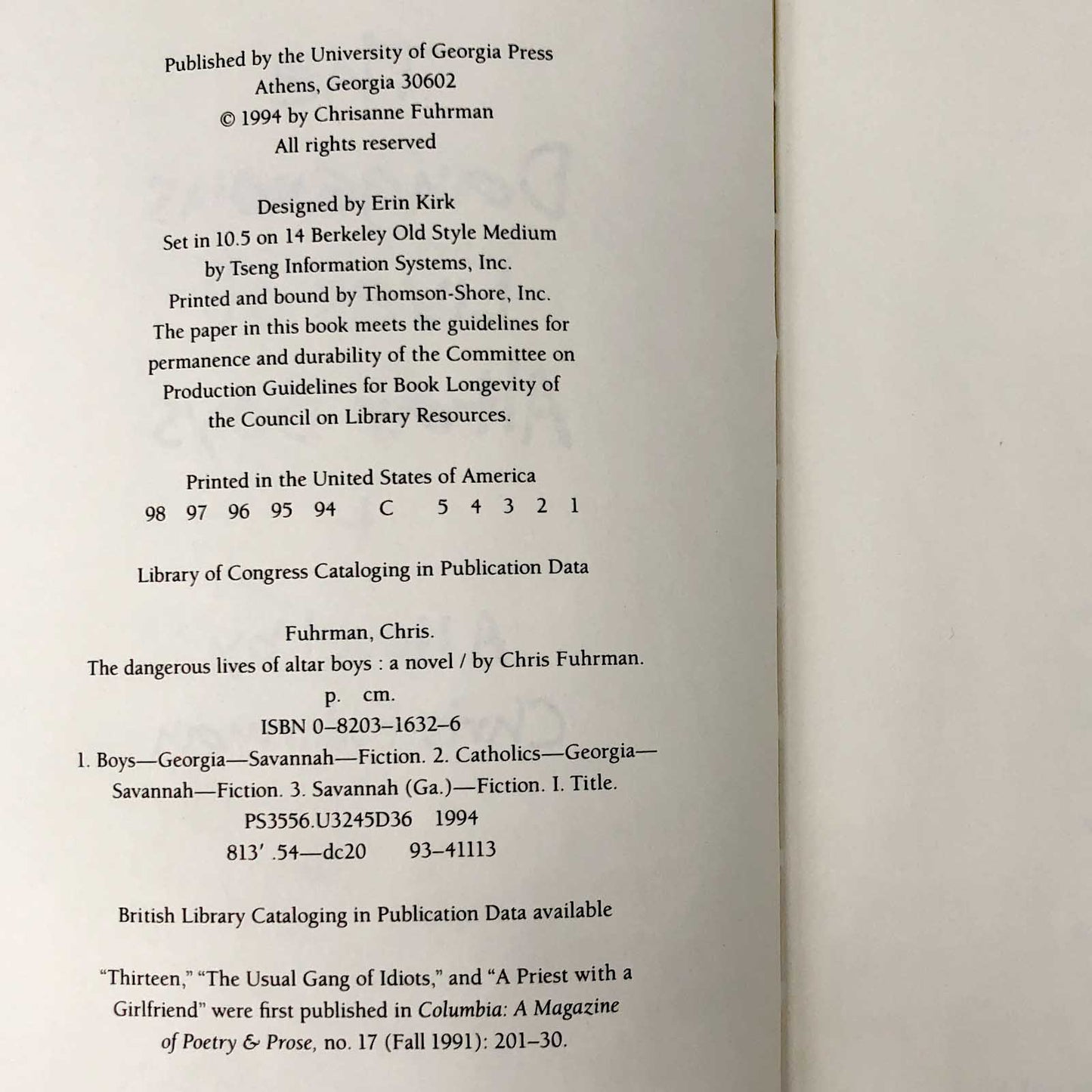The Dangerous Lives of Altar Boys by Chris Fuhrman [FIRST EDITION / FIRST PRINTING] 1994