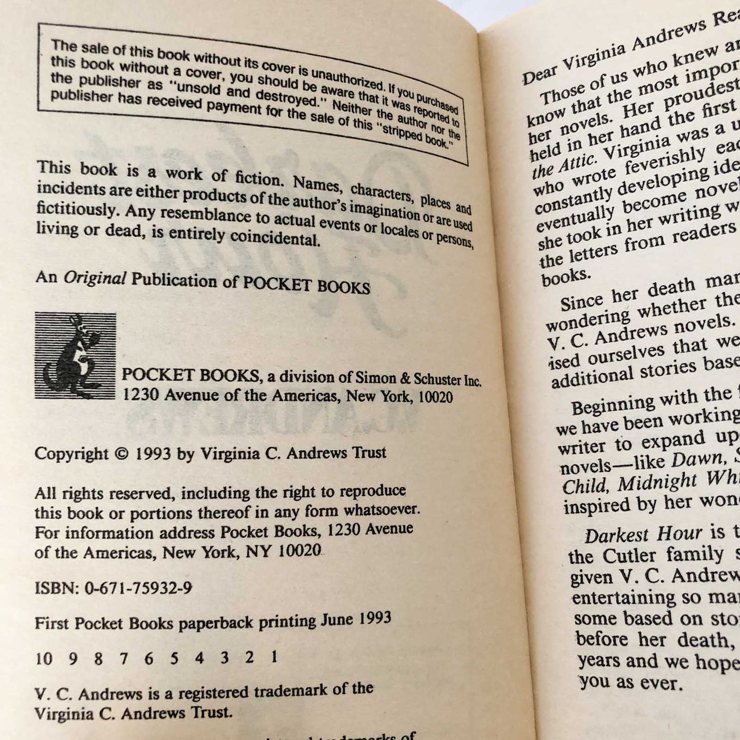 Darkest Hour by V.C. Andrews [FIRST PAPERBACK PRINTING] 1993