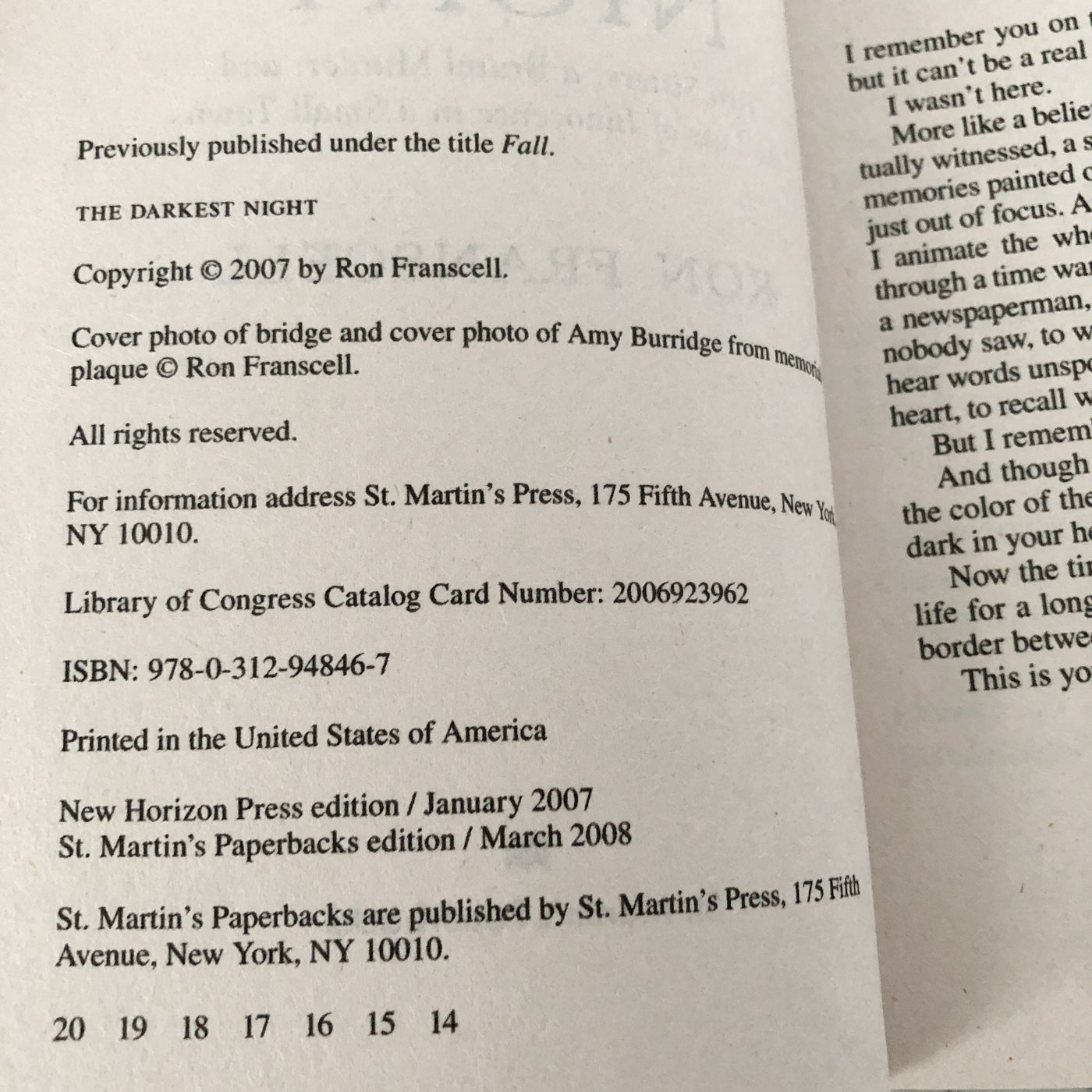 The Darkest Night by Ron Franscell [2008 PAPERBACK]