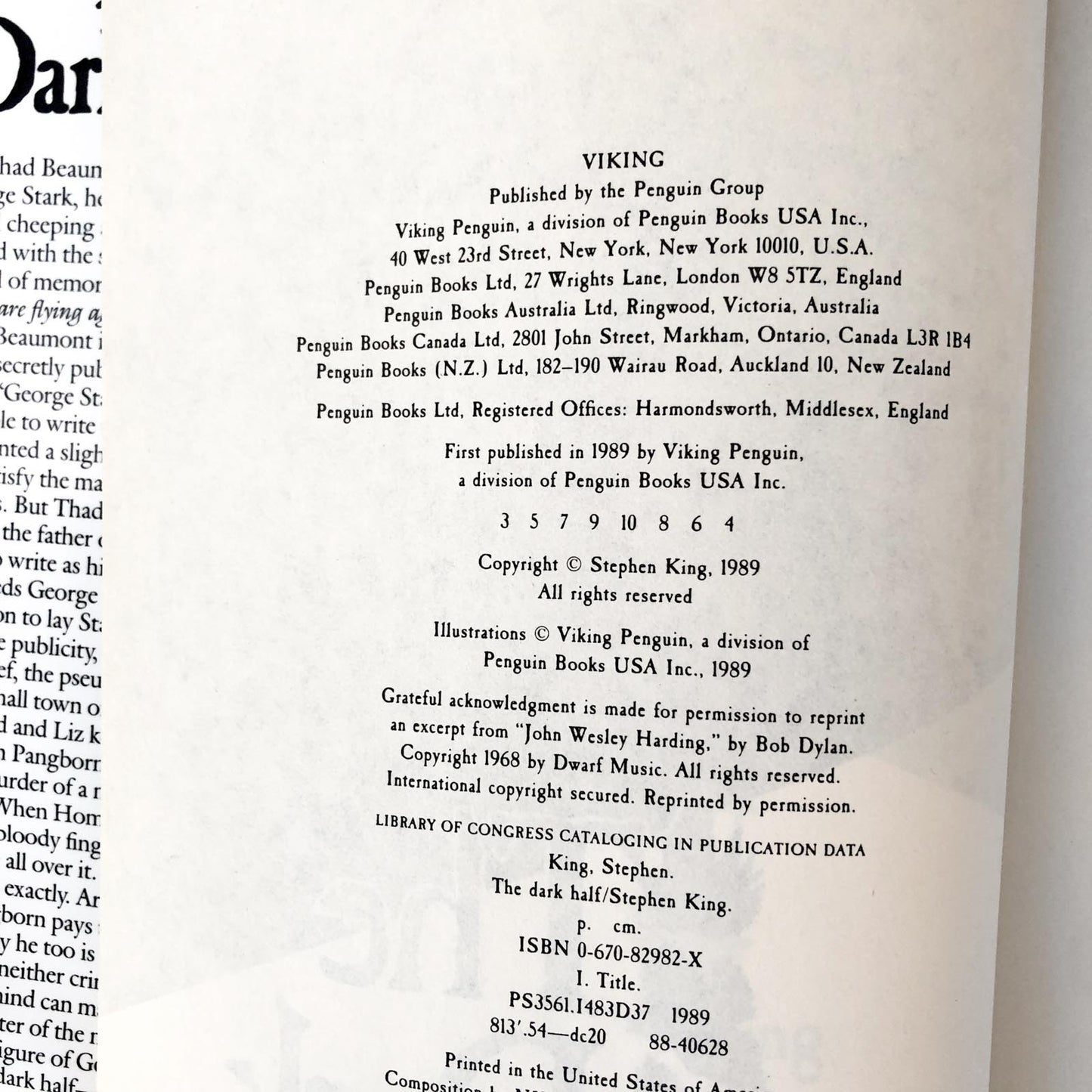 The Dark Half by Stephen King [FIRST EDITION] 1989