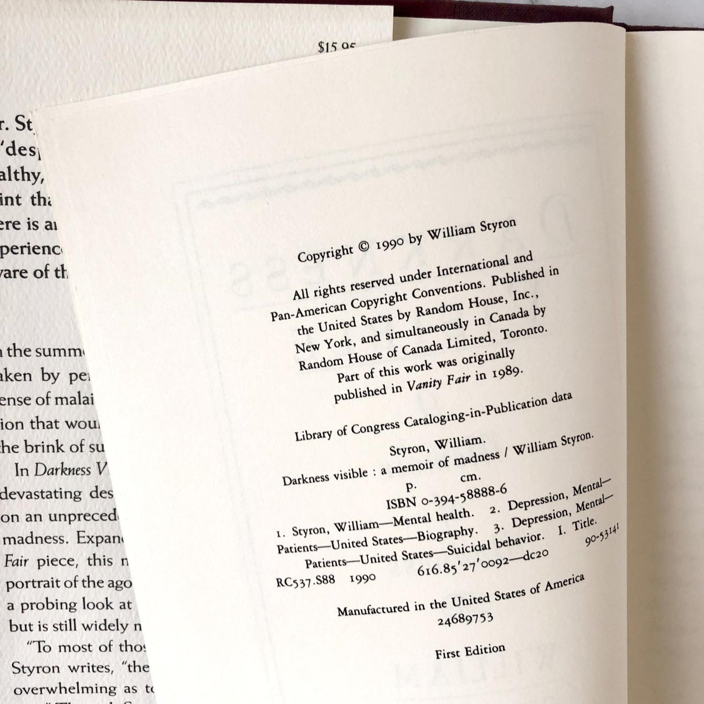 Darkness Visible: A Memoir of Madness by William Styron [FIRST EDITION] 1990 • Random House