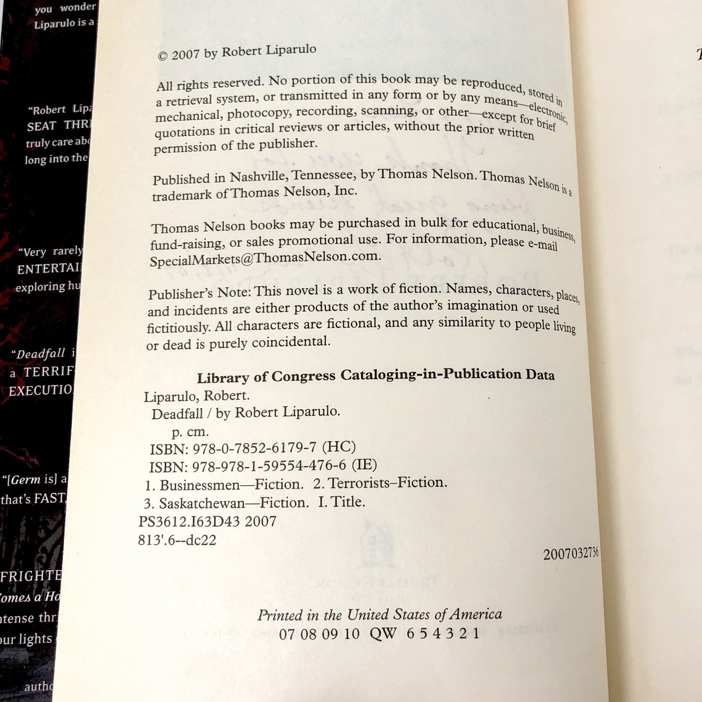 Deadfall by Robert Liparulo SIGNED! [FIRST EDITION • FIRST PRINTING] 2007