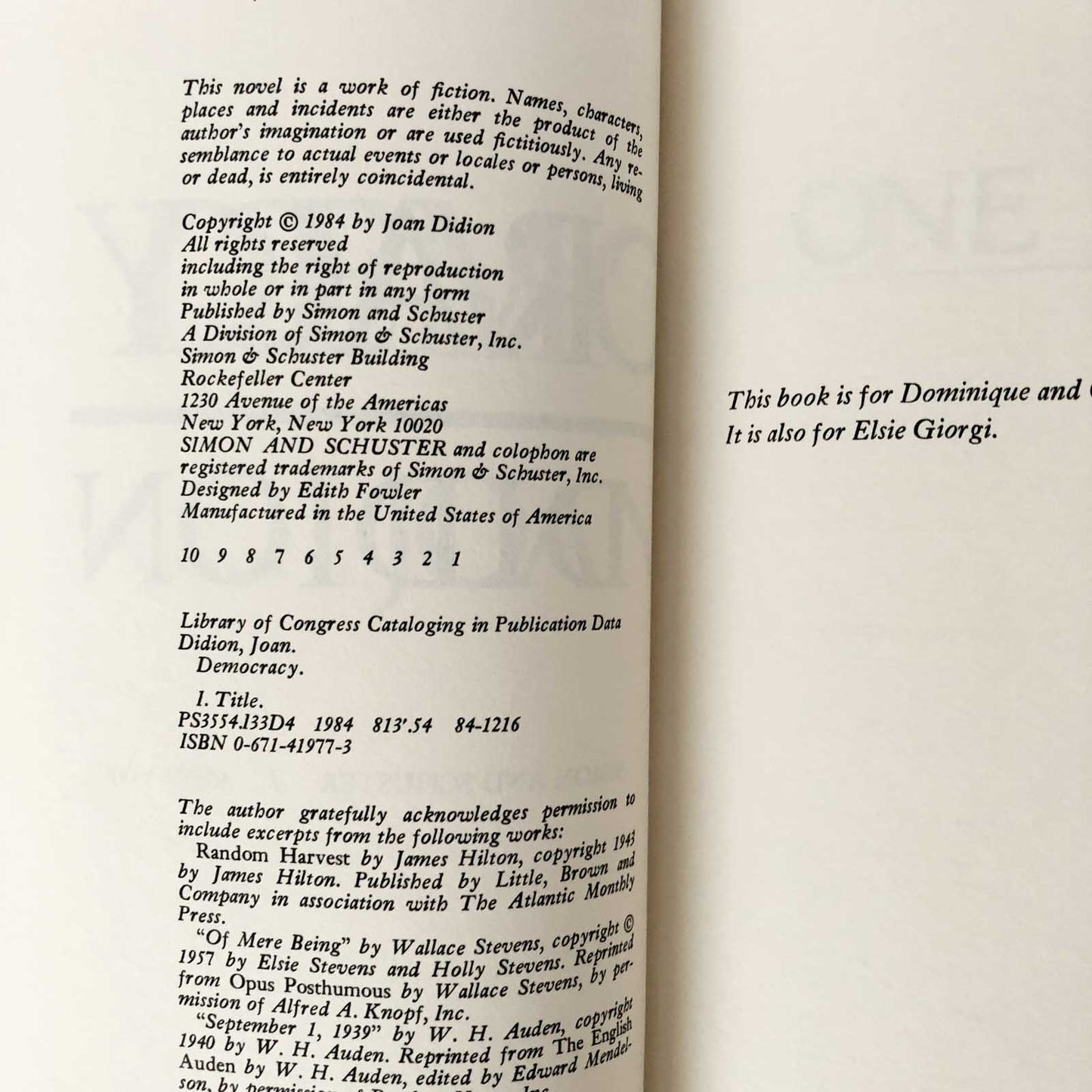 Democracy: A Novel by Joan Didion [FIRST EDITION / FIRST PRINTING] 1984