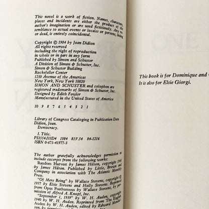 Democracy: A Novel by Joan Didion [FIRST EDITION / FIRST PRINTING] 1984