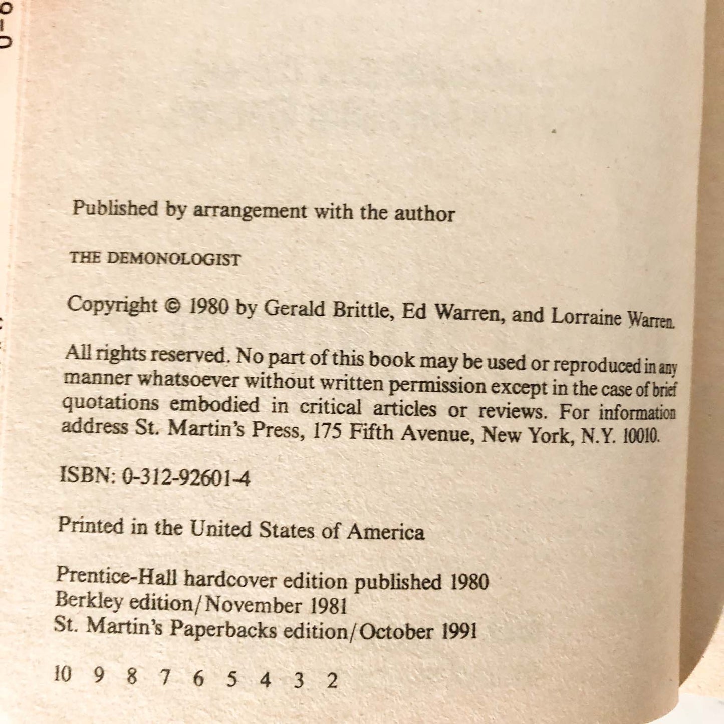 The Demonologist: The Extraordinary Career of Ed and Lorraine Warren by Gerald Brittle [1991 PAPERBACK]