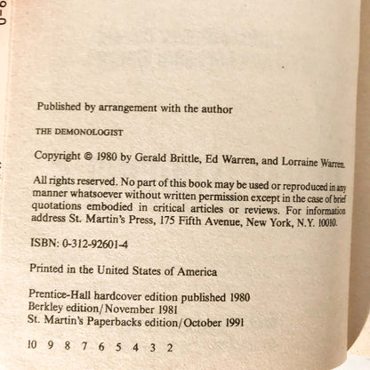 The Demonologist: The Extraordinary Career of Ed and Lorraine Warren by Gerald Brittle [1991 PAPERBACK]