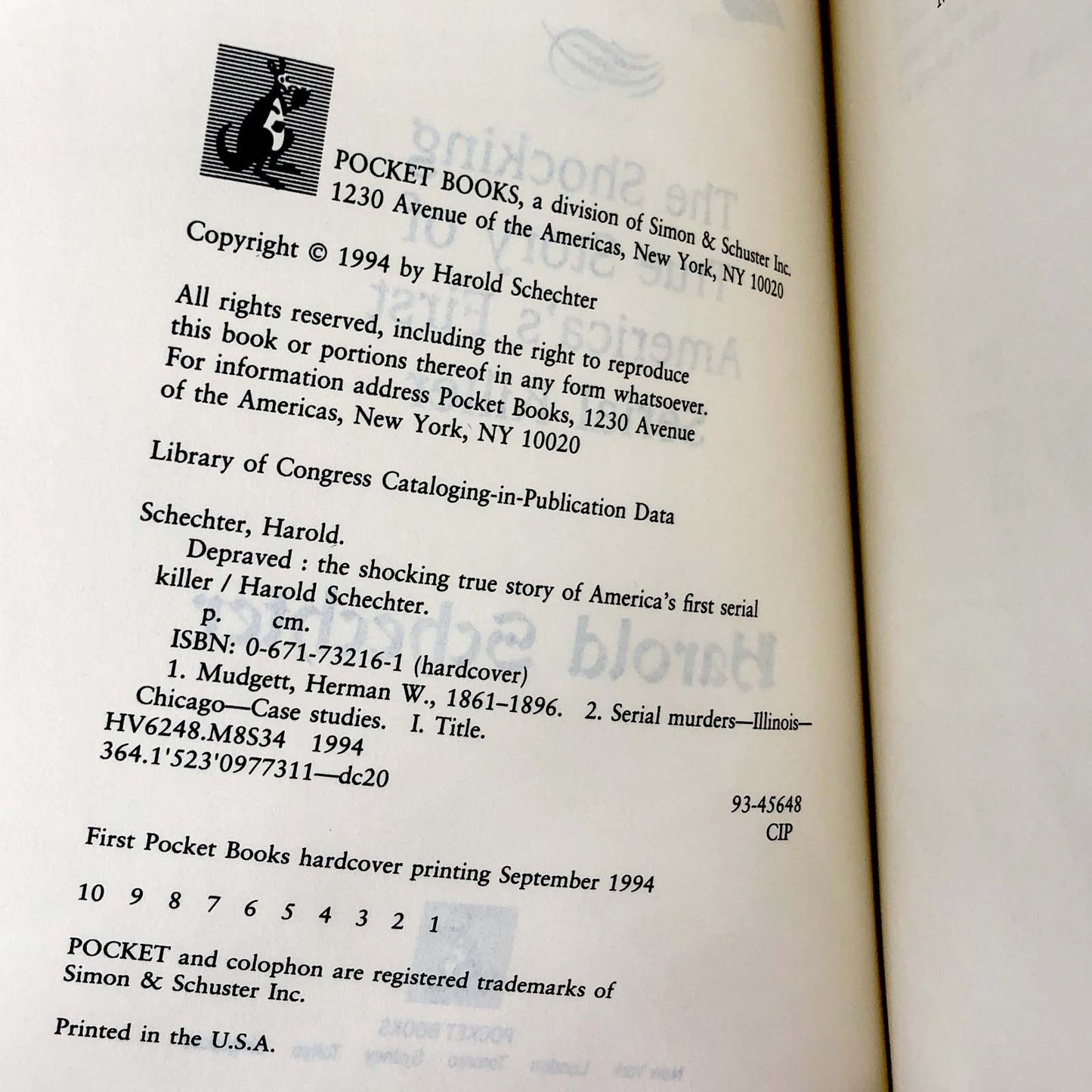 Depraved: The Shocking True Story of America's First Serial Killer by Harold Schechter [FIRST EDITION / FIRST PRINTING] 1994