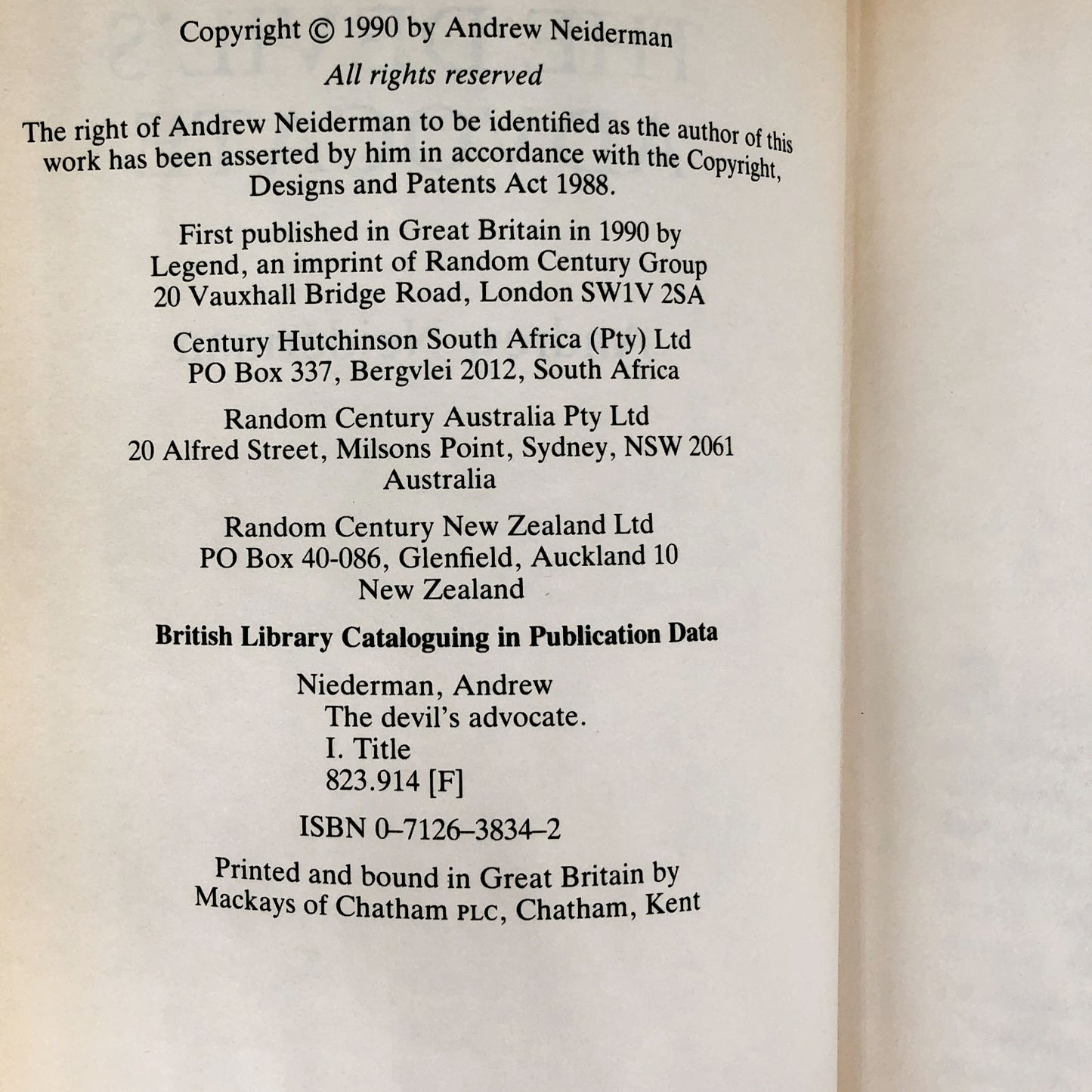 The Devil's Advocate by Andrew Neiderman [U.K. FIRST EDITION] 1990 • Century Legend