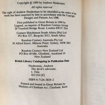 The Devil's Advocate by Andrew Neiderman [U.K. FIRST EDITION] 1990 • Century Legend