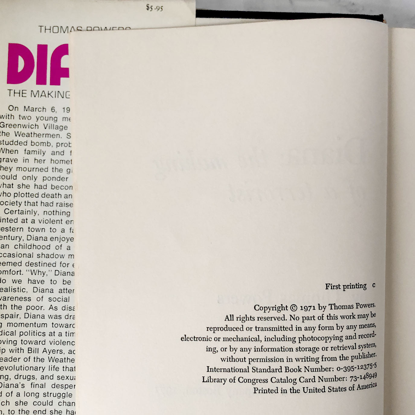 Diana: The Making of a Terrorist by Thomas Powers SIGNED! [FIRST EDITION] 1971