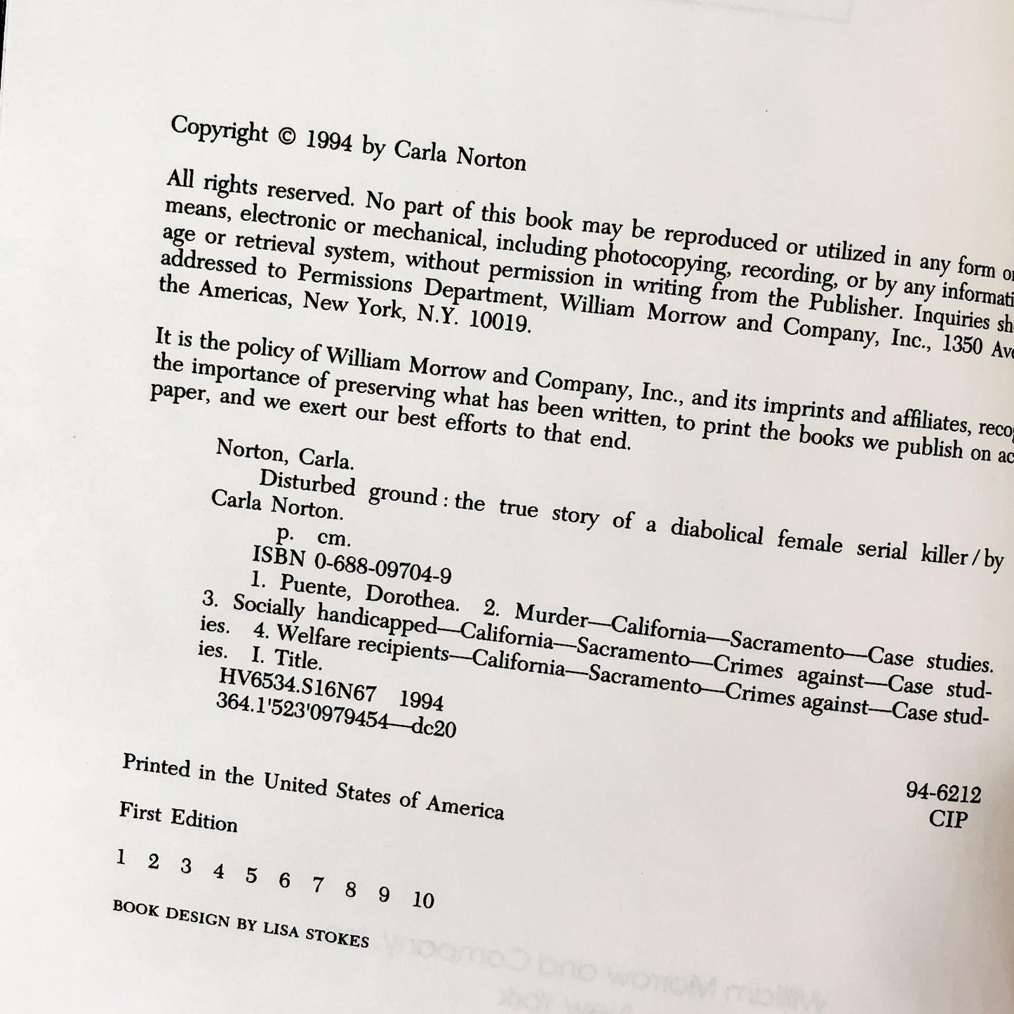 Disturbed Ground: The True Story of a Diabolical Female Serial Killer by Carla Norton [FIRST EDITION] 1994