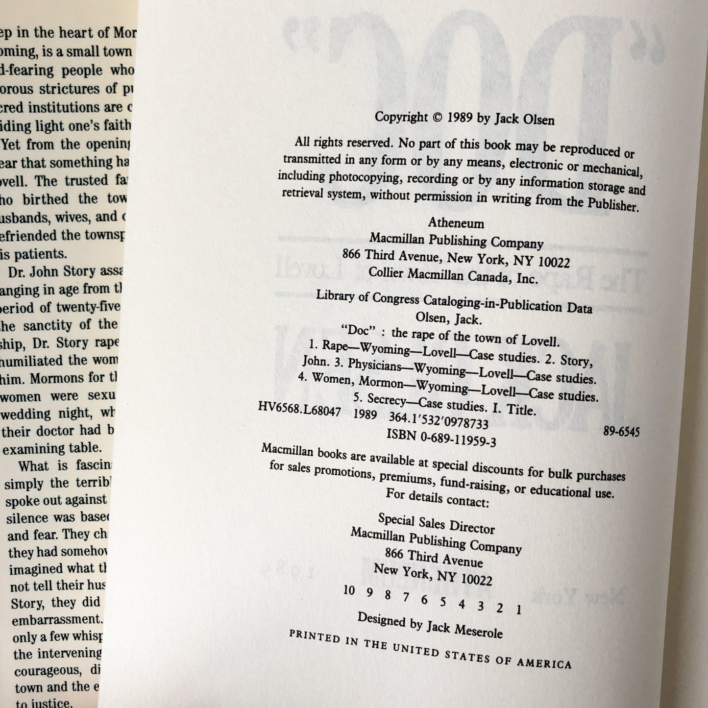 Doc: The Rape of the Town of Lovell by Jack Olsen [FIRST EDITION / FIRST PRINTING] - Bookshop Apocalypse