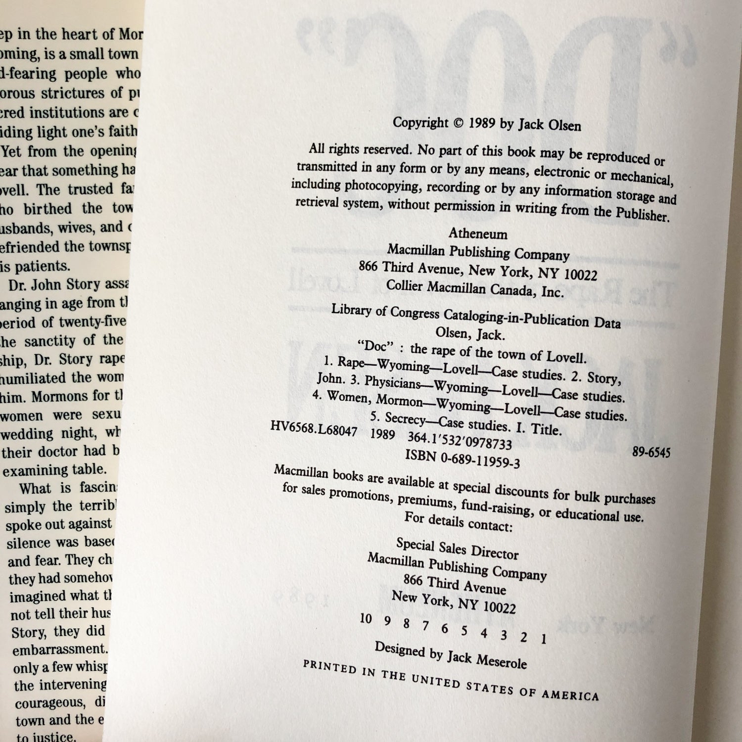 Doc: The Rape of the Town of Lovell by Jack Olsen [FIRST EDITION / FIRST PRINTING] - Bookshop Apocalypse