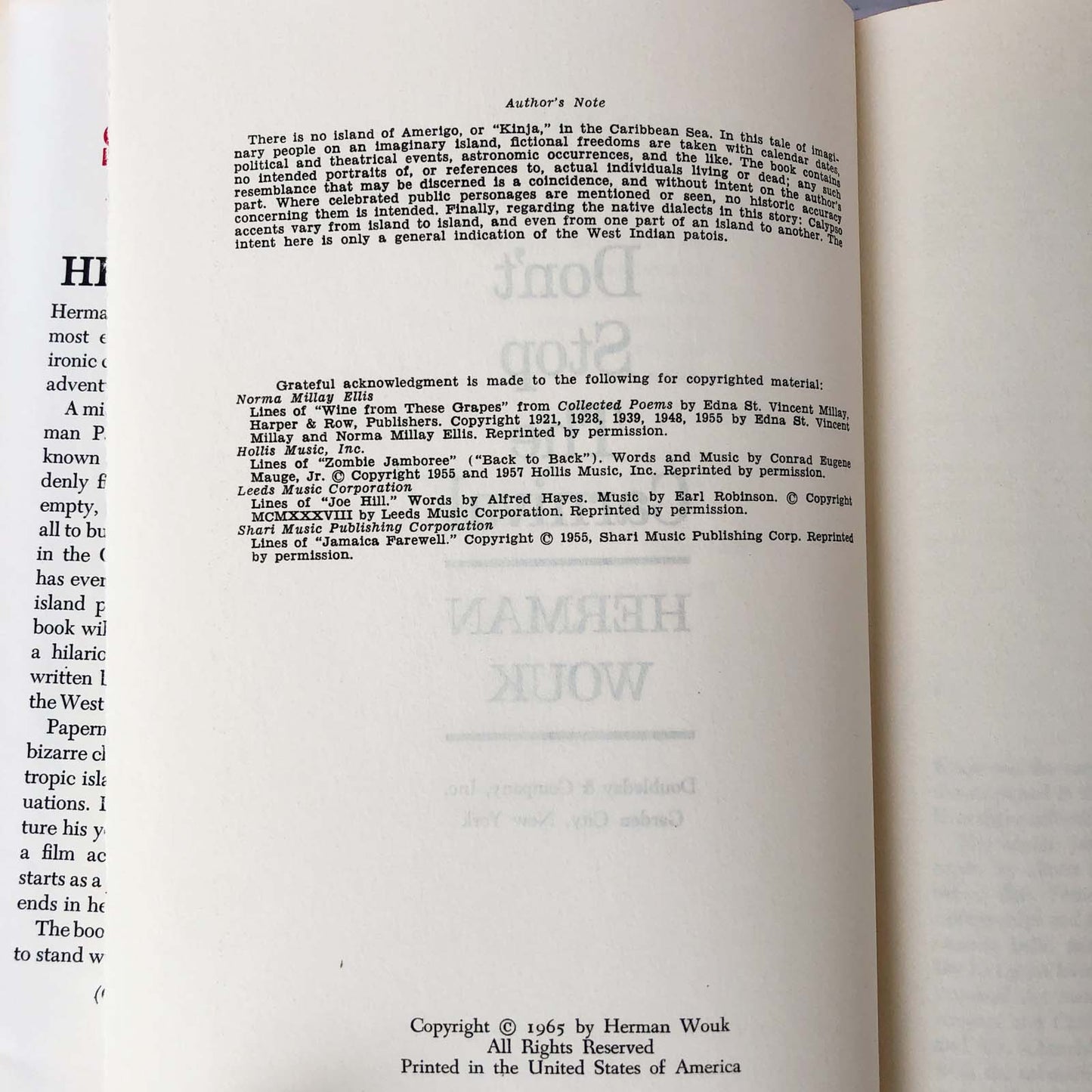Don't Stop the Carnival by Herman Wouk [FIRST BOOK CLUB EDITION / 1965]