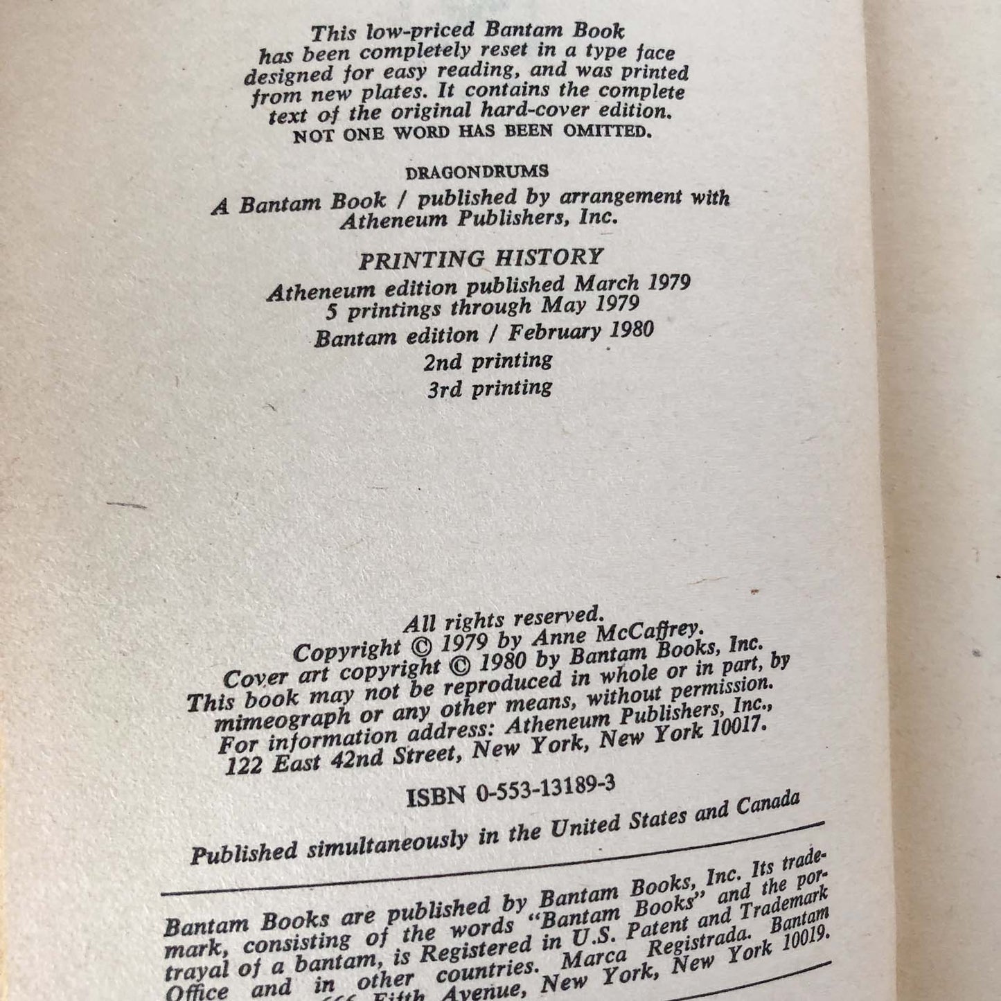 Dragondrums by Anne McCaffrey [FIRST PAPERBACK EDITION / 1980]