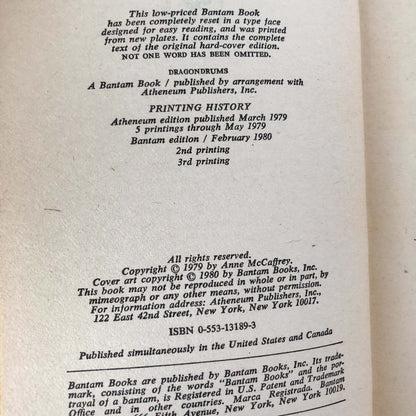 Dragondrums by Anne McCaffrey [FIRST PAPERBACK EDITION / 1980]