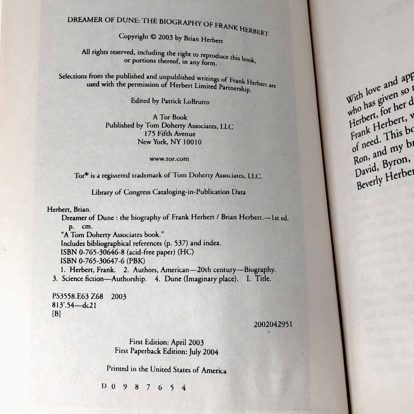 Dreamer of Dune: The Biography of Frank Herbert by Brian Herbert [FIRST PAPERBACK EDITION] 2003