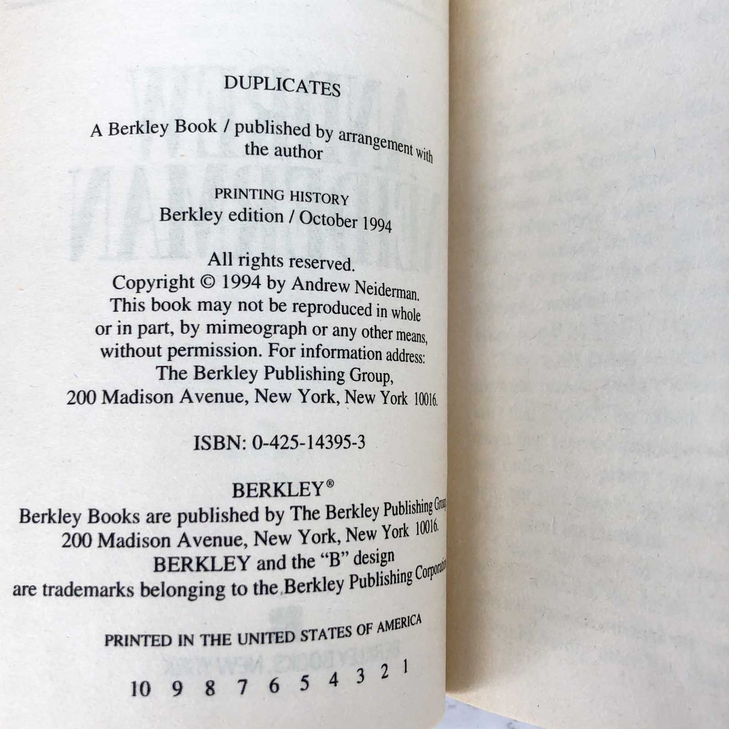 Duplicates by Andrew Neiderman [FIRST EDITION] 1994