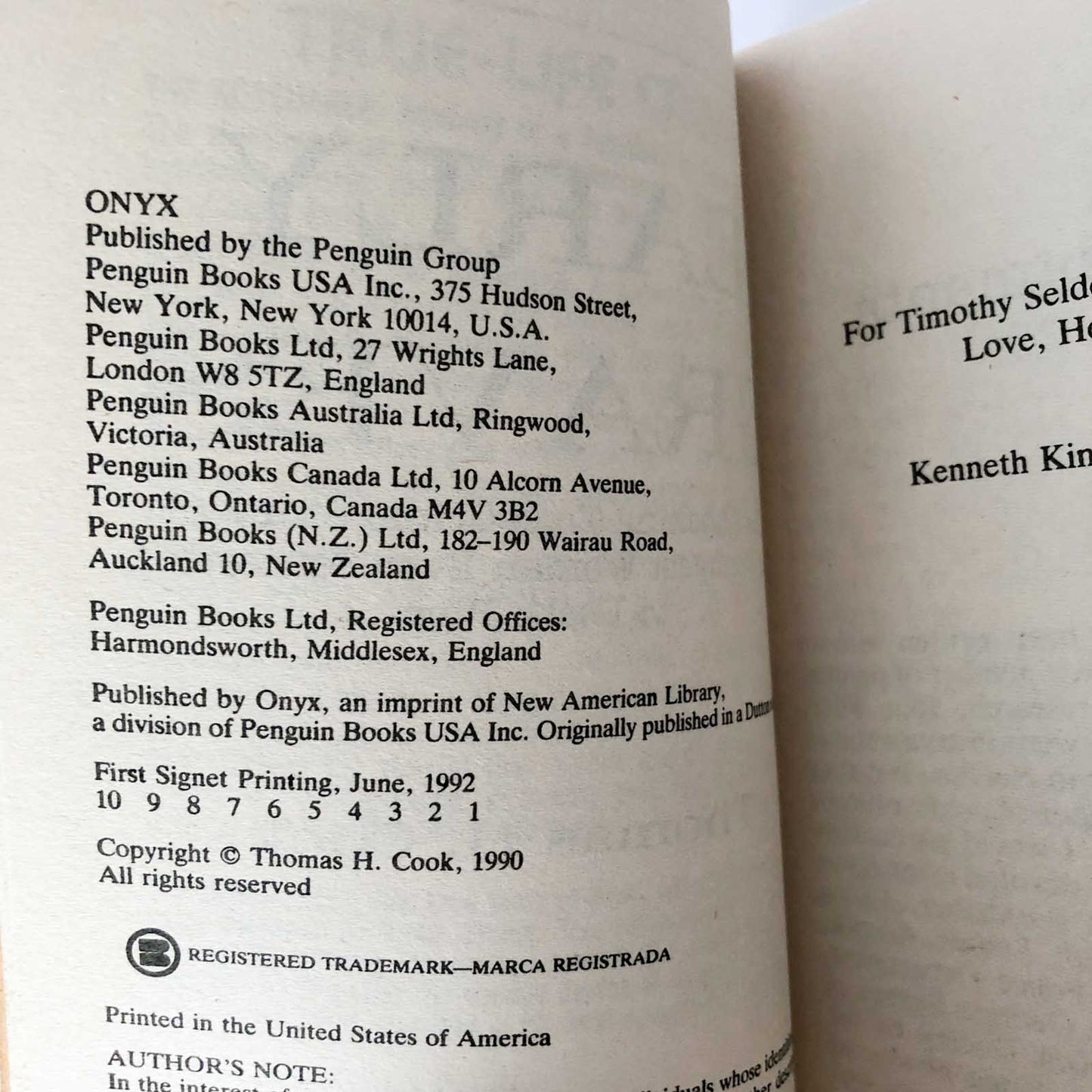 Early Graves by Thomas H. Cook [FIRST PAPERBACK PRINTING] 1992