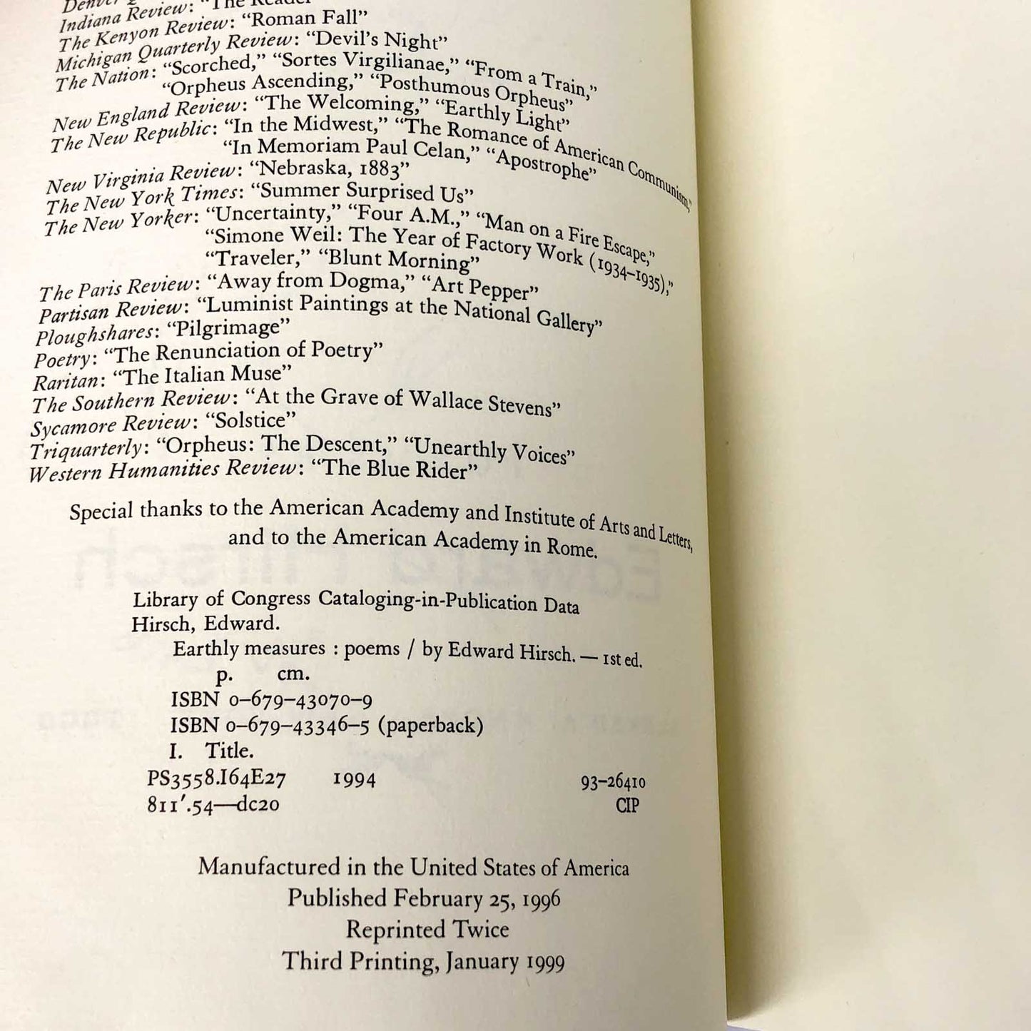 Earthly Measures: Poems by Edward Hirsch SIGNED! [FIRST PAPERBACK EDITION]