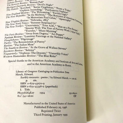 Earthly Measures: Poems by Edward Hirsch SIGNED! [FIRST PAPERBACK EDITION]