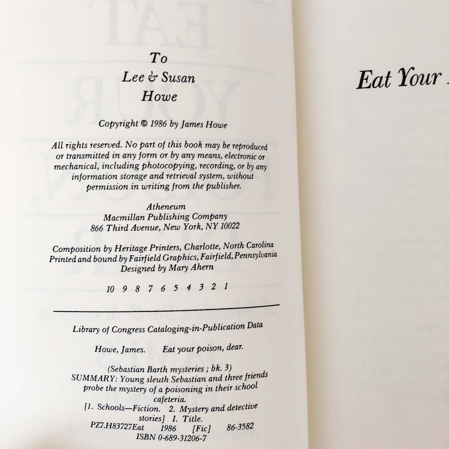 Eat Your Poison Dear by James Howe [FIRST EDITION • FIRST PRINTING] 1986