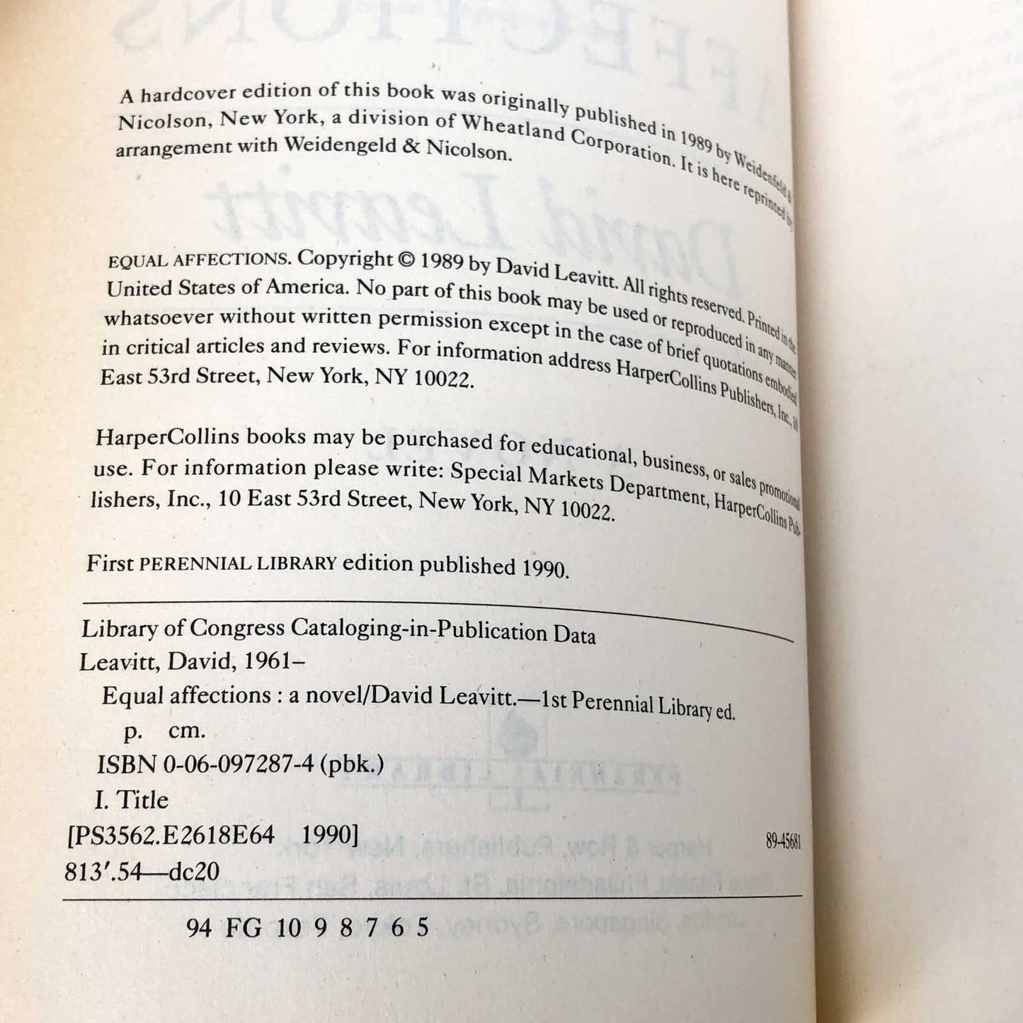 Equal Affections by David Leavitt [FIRST PAPERBACK EDITION] 1990 • Perennial