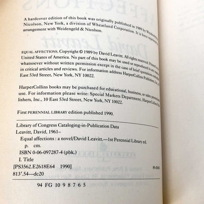 Equal Affections by David Leavitt [FIRST PAPERBACK EDITION] 1990 • Perennial