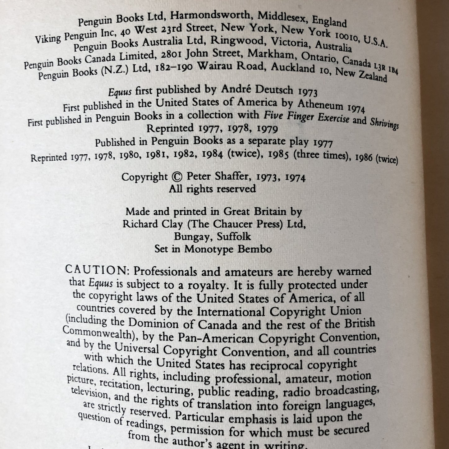 Equus by Peter Shaffer [1986 UK PAPERBACK] - Bookshop Apocalypse