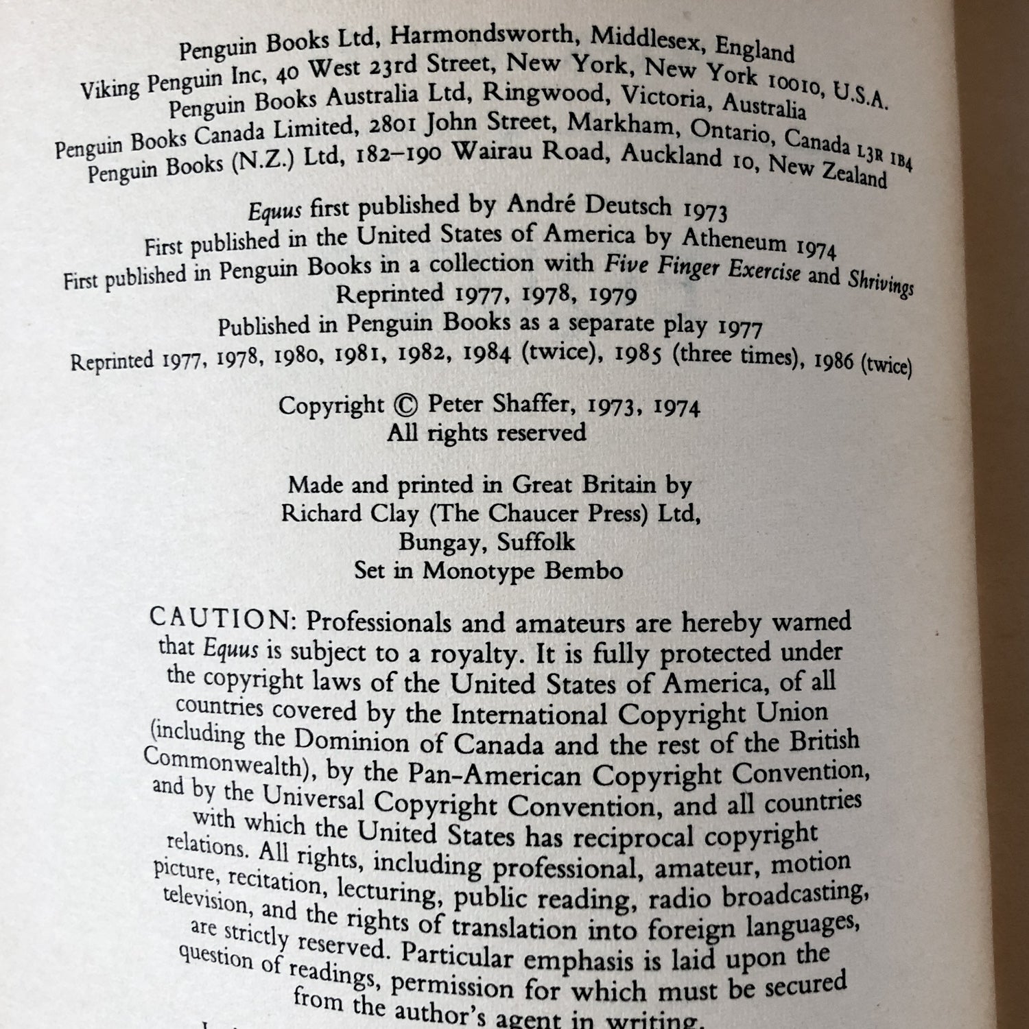 Equus by Peter Shaffer [1986 UK PAPERBACK] - Bookshop Apocalypse