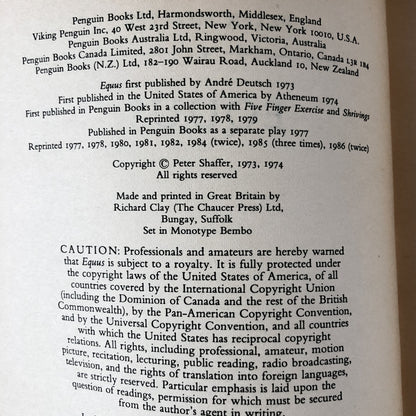 Equus by Peter Shaffer [1986 UK PAPERBACK] - Bookshop Apocalypse