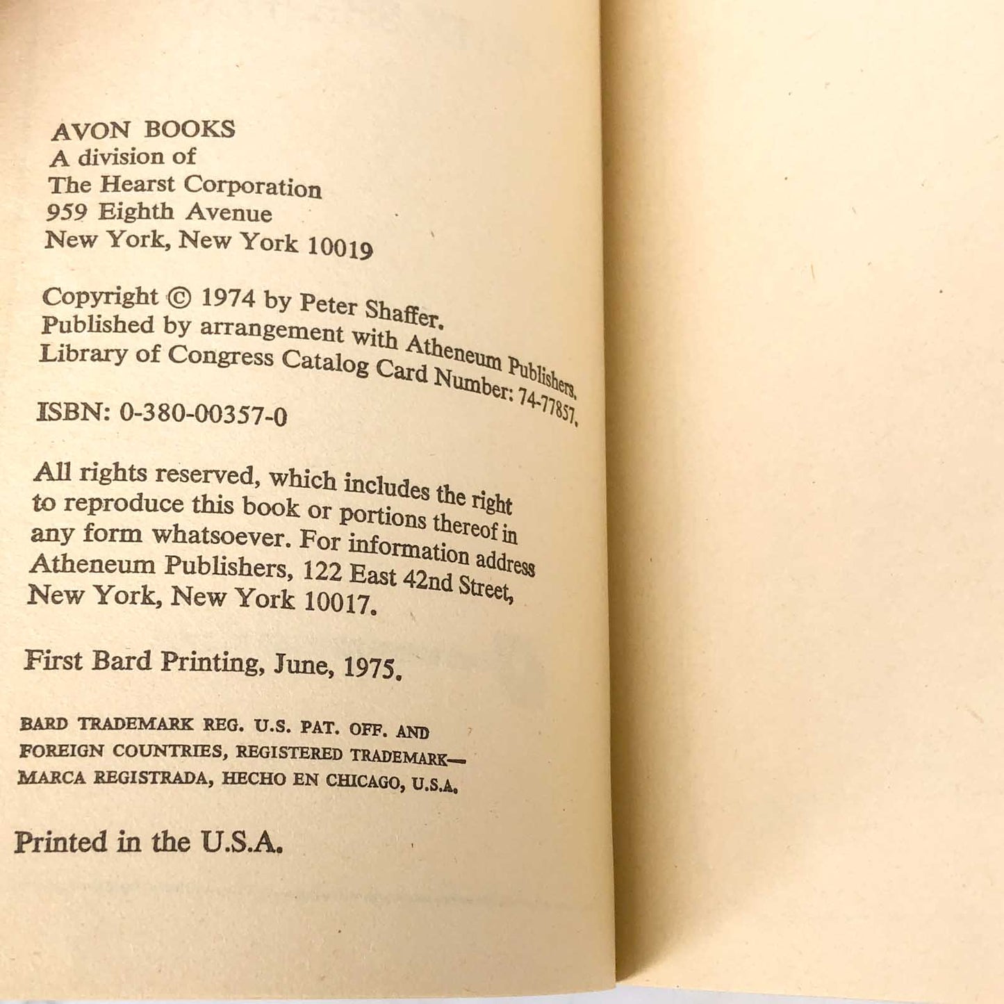 Equus by Peter Shaffer [FIRST U.S. PAPERBACK PRINTING] 1975 • Bard