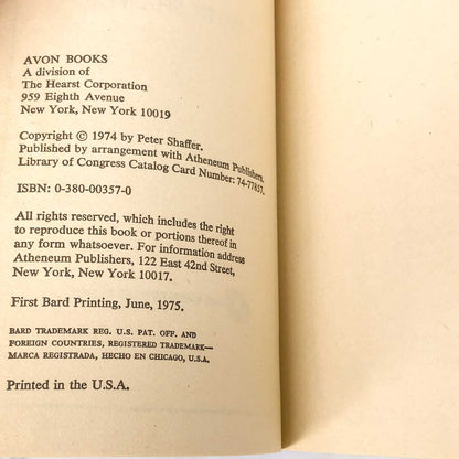 Equus by Peter Shaffer [FIRST U.S. PAPERBACK PRINTING] 1975 • Bard